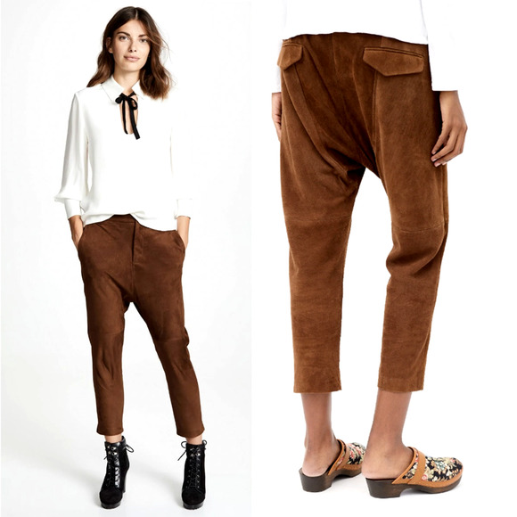 Nili Lotan 8 Goatskin Suede Paris Pants Drop Crotch Slouchy Leather Cognac Brown - Picture 1 of 16